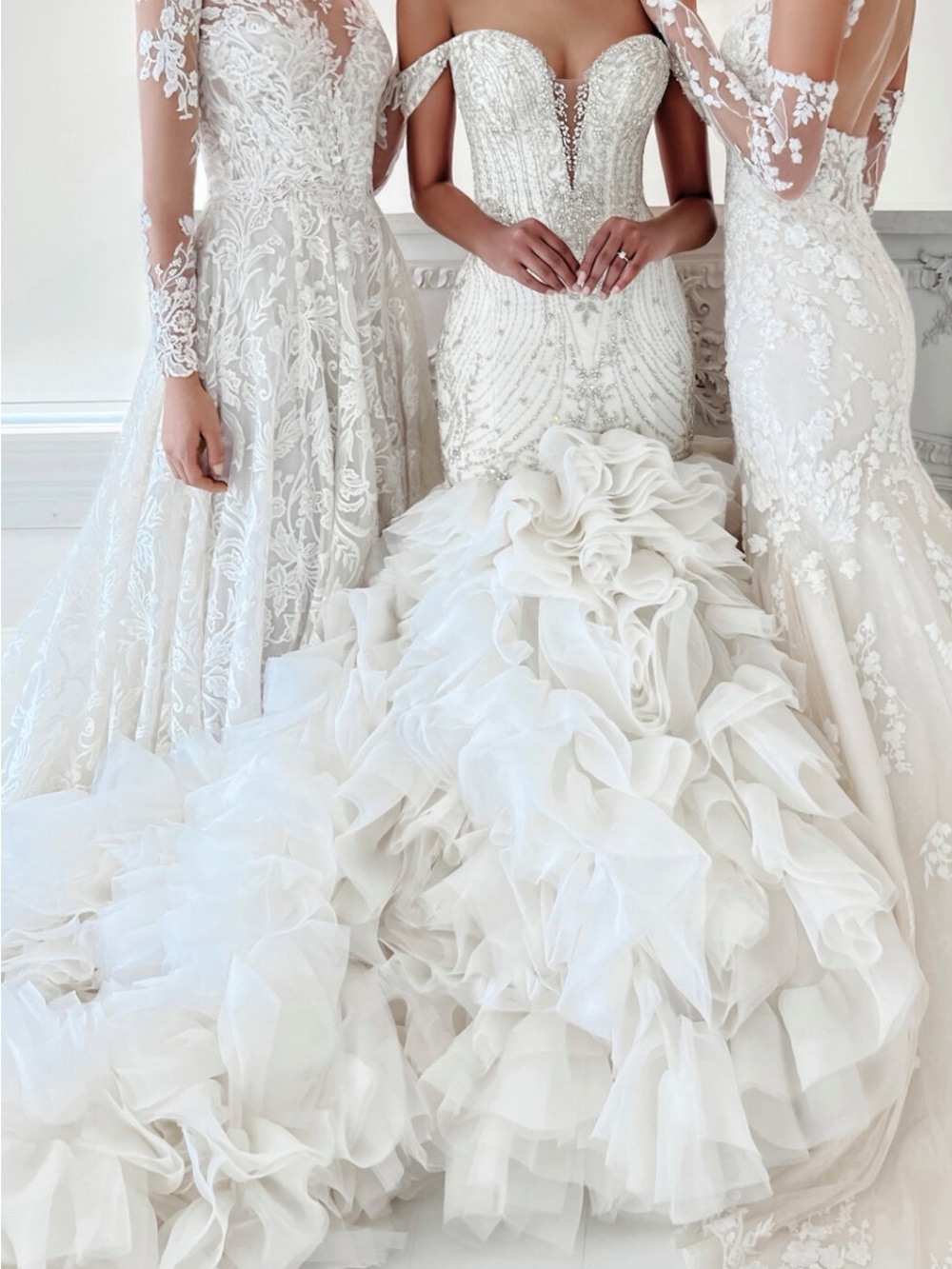 Elegant White Beaded Mermaid Wedding Dress with Ruffled Train